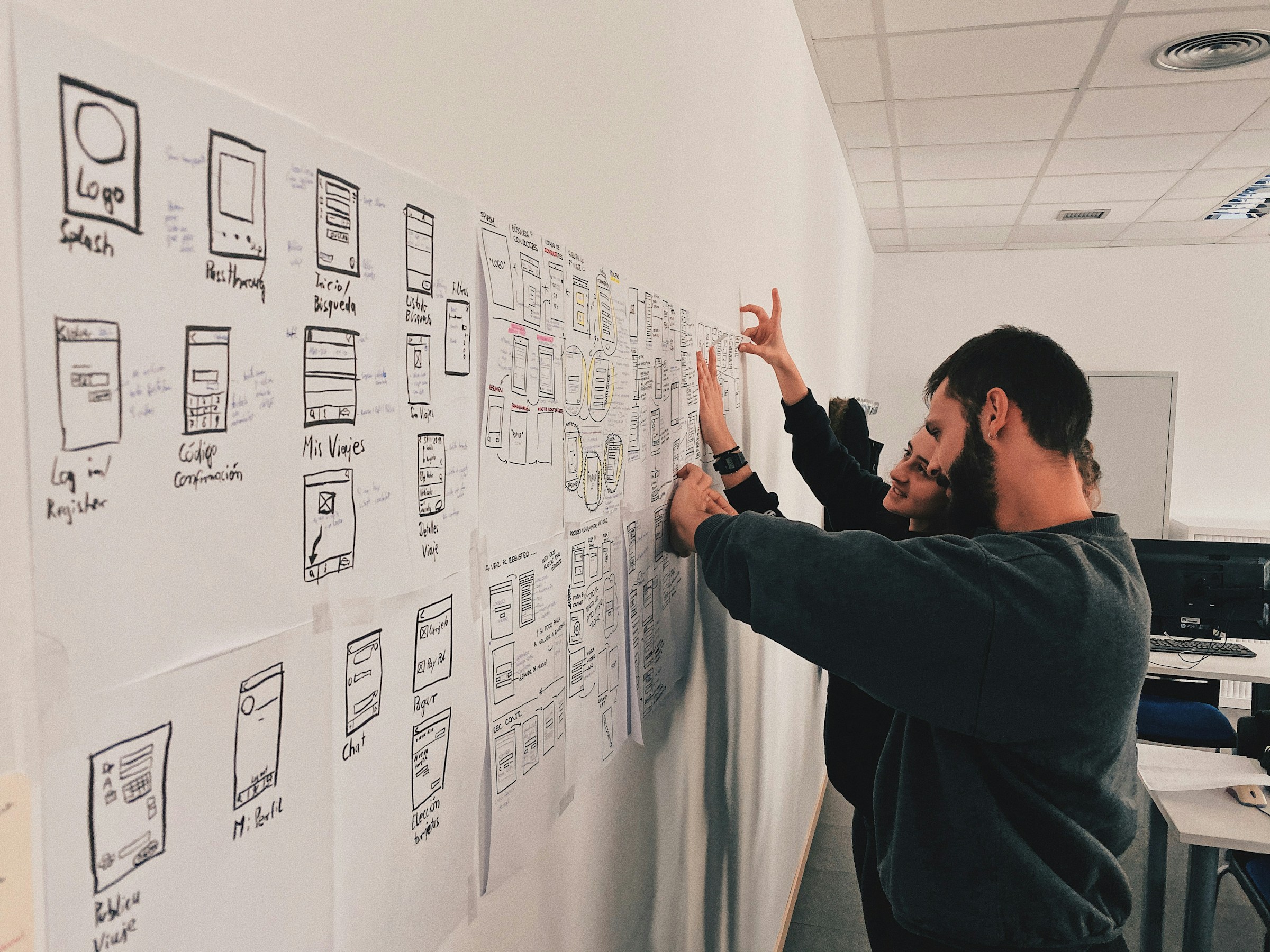 Whiteboard covered in sticky notes organizing user frustrations into problem categories